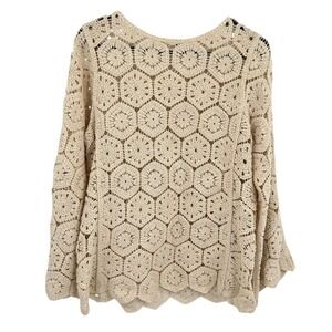 Hexagon Granny Crochet Sweater L Boho Coastal Cottagecore Open Weave Knit Top